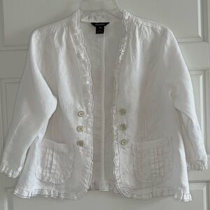 Vintage Multiples 100% Linen Open Front Ruffle Jacket Decorative Buttons Size PL